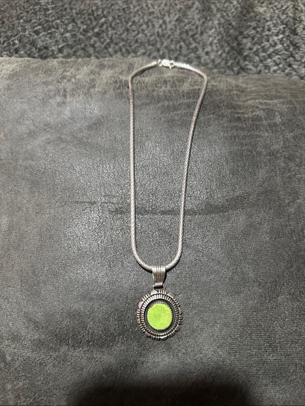 Benjamin Piaso 
Navajo Sterling Silver Artist made Gaspeite Pendant on 16" chain